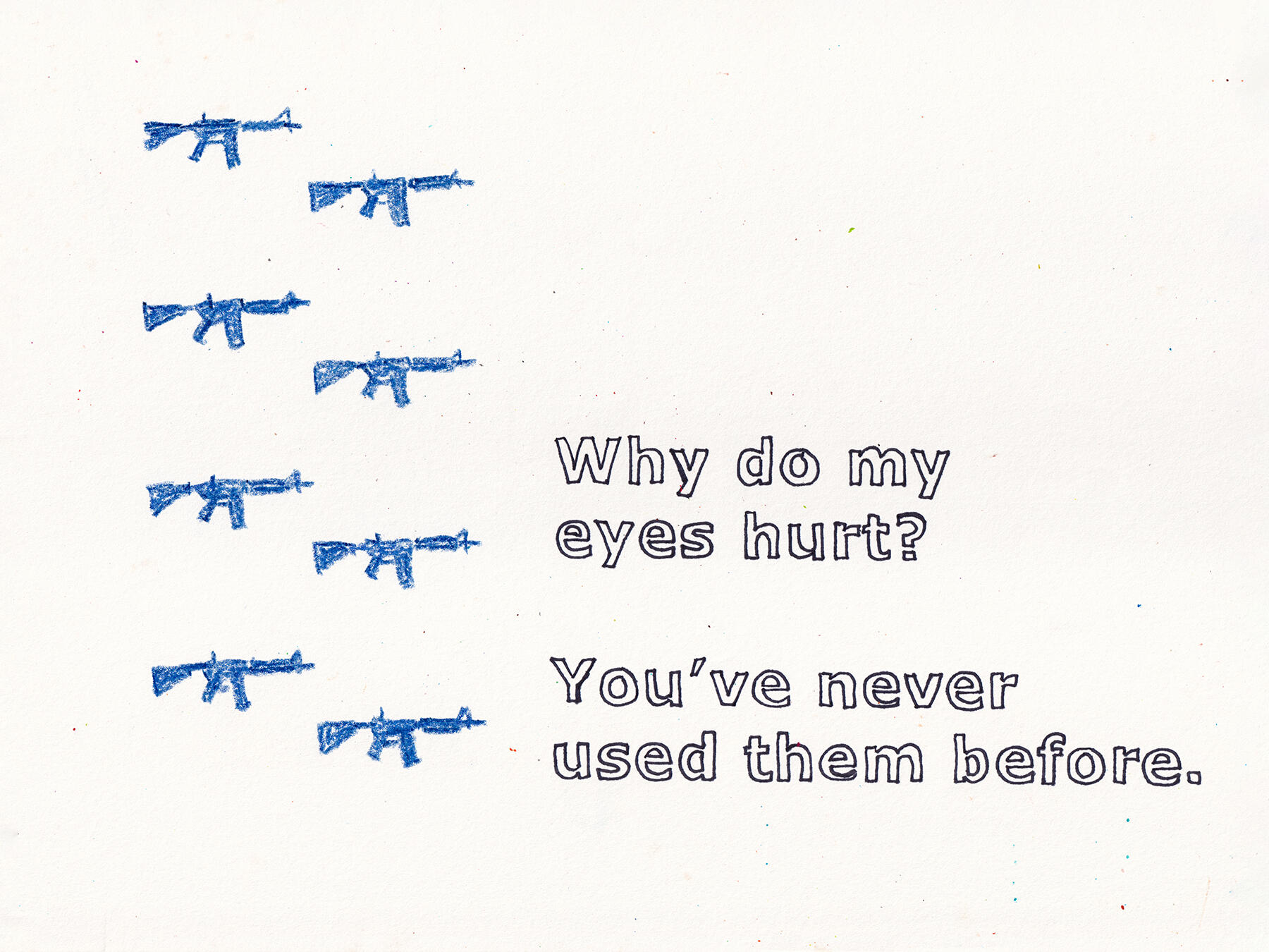 why do my eyes hurt (Neo to Morpheus), crayon, ink on paper, 12" x 9", 2025